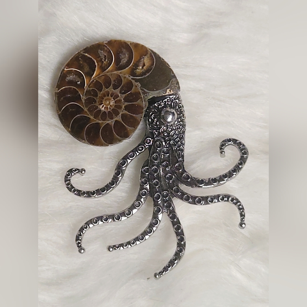 Ammonite Fossil Shell Octopus Brooch | Nautical Statement Pin | Ocean Gothic Jew - Picture 4 of 9